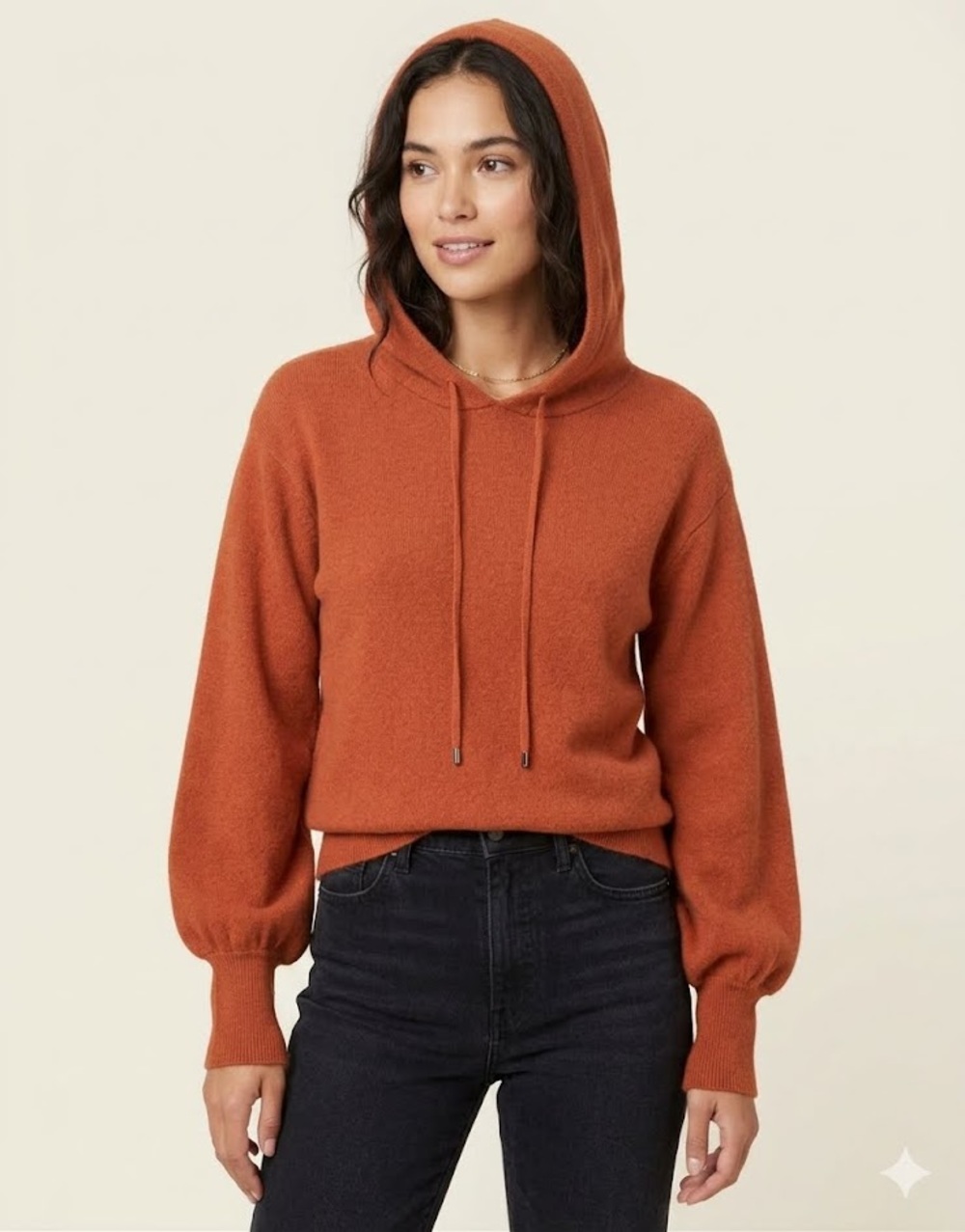 For The Republic Knit Drawstring Hoodie Sweater Burnt Orange Balloon Sleeve XS